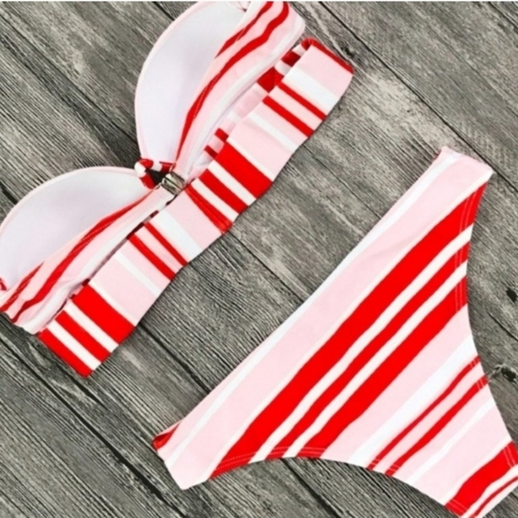 New Pink Striped Push Up Underwire Top Bikini Set Swimsuit Size S - Picture 3 of 6